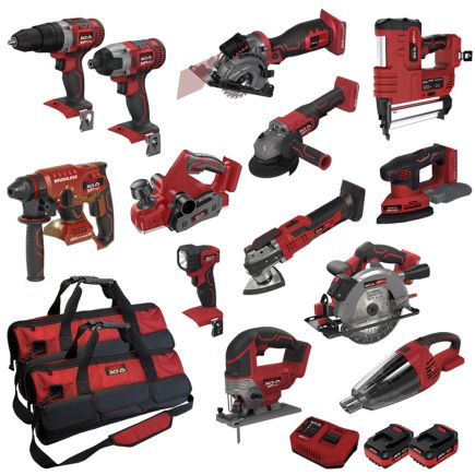 Lumberjack Cordless 20V 18 Piece Power Tool Kit, Drills, JigSaw, Circular Saw, Nail Gun, Planer, 4ah Batteries & More