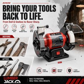 Lumberjack 6 Inch Bench Grinder 150mm, 250W Motor, Coarse & Fine Whitestone Wheels, Tool Rests & Eye Shields