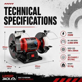 Lumberjack 6 Inch Bench Grinder 150mm, 250W Motor, Coarse & Fine Whitestone Wheels, Tool Rests & Eye Shields