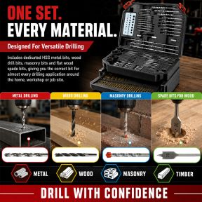Lumberjack 300Pc HSS Drill Bit Set for Masonry Metal Wood Flat Pozi Bits in Case