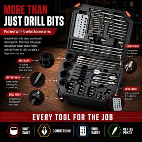 Lumberjack 300Pc HSS Drill Bit Set for Masonry Metal Wood Flat Pozi Bits in Case