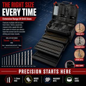 Lumberjack 300Pc HSS Drill Bit Set for Masonry Metal Wood Flat Pozi Bits in Case