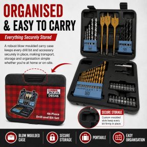 Lumberjack 46 Piece Drill Bit Set HSS Metal Wood Plastic Masonry