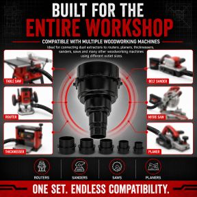 Lumberjack 5 Piece Dust Extractor Adaptor Set Adapts 100 mm Hose to 105 mm, 70 mm, 45 mm, 40 mm & 35 mm Universal Extraction Accessories