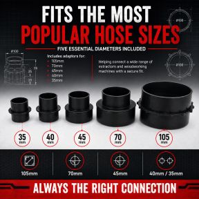 Lumberjack 5 Piece Dust Extractor Adaptor Set Adapts 100 mm Hose to 105 mm, 70 mm, 45 mm, 40 mm & 35 mm Universal Extraction Accessories