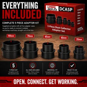 Lumberjack 5 Piece Dust Extractor Adaptor Set Adapts 100 mm Hose to 105 mm, 70 mm, 45 mm, 40 mm & 35 mm Universal Extraction Accessories
