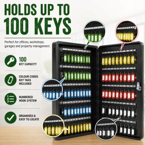 Lumberjack Key Cabinet Secure Storage for 100 Keys with Lock & Adjustable Hooks