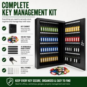 Lumberjack Key Cabinet Secure Storage for 100 Keys with Lock & Adjustable Hooks