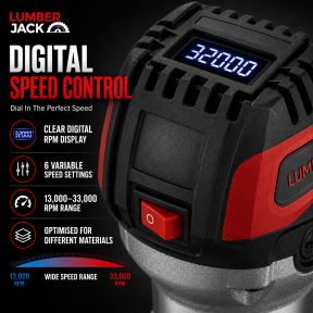 Lumberjack 710W Trim Router, Digital Display & 6 Variable Speeds, 13,000-33,000 RPM