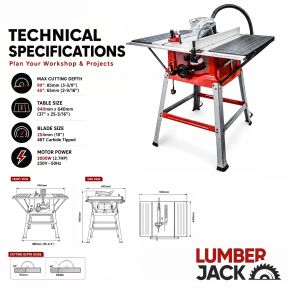 Lumberjack Powerful 1800W Table Saw 254mm with Side Extensions & 10