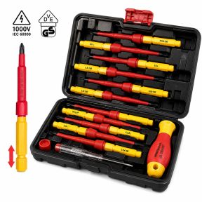 Lumberjack 13 Piece VDE Insulated Electrician Screwdriver Set, 1000V Rated Magnetic Tips Chrome Vanadium Steel, Includes Voltage Tester & Carry Case