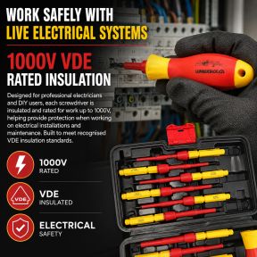 Lumberjack 13 Piece VDE Insulated Electrician Screwdriver Set, 1000V Rated Magnetic Tips Chrome Vanadium Steel, Includes Voltage Tester & Carry Case