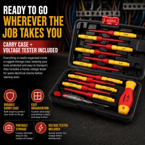 Lumberjack 13 Piece VDE Insulated Electrician Screwdriver Set, 1000V Rated Magnetic Tips Chrome Vanadium Steel, Includes Voltage Tester & Carry Case