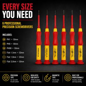 Lumberjack 6pc Insulated Precision Screwdriver Set VDE Certified, Soft Grip Handles, Chrome Vanadium Steel, Phillips & Flat Profile for Electrical Work
