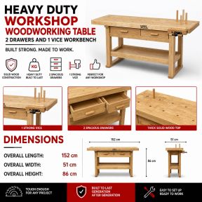 Lumberjack Heavy Duty Solid Wooden Woodworking Work Bench 2 Drawers & Vice
