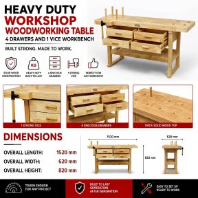 Lumberjack Heavy Duty Solid Wooden Woodworking Work Bench 4 Drawers & Vice