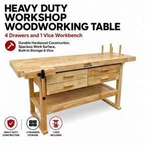 Lumberjack Heavy Duty Solid Wooden Woodworking Work Bench 4 Drawers & Vice