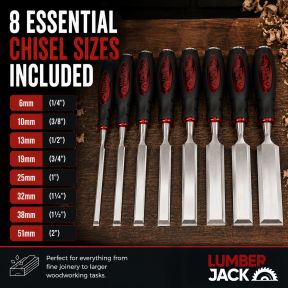 Lumberjack 8 Piece Bevel Edge Chisel Set with Strike Proof Caps Supplied in Wooden Case