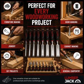 Lumberjack 8 Piece Bevel Edge Chisel Set with Strike Proof Caps Supplied in Wooden Case