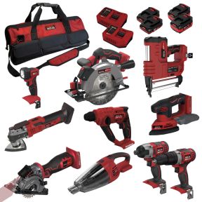 Lumberjack Cordless 20V 10 Piece Power Tool Kit Combi SDS Drill Circular Saw Nail Gun 4ah Battery & More