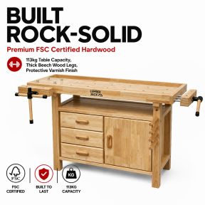 Lumberjack Woodworking Bench with 3 Drawers On-board Cabinet and 2 Vices