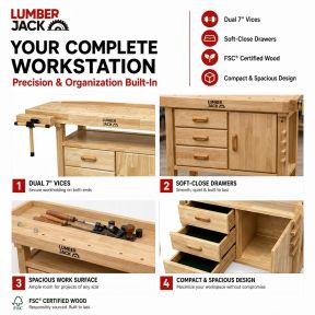 Lumberjack Woodworking Bench with 3 Drawers On-board Cabinet and 2 Vices